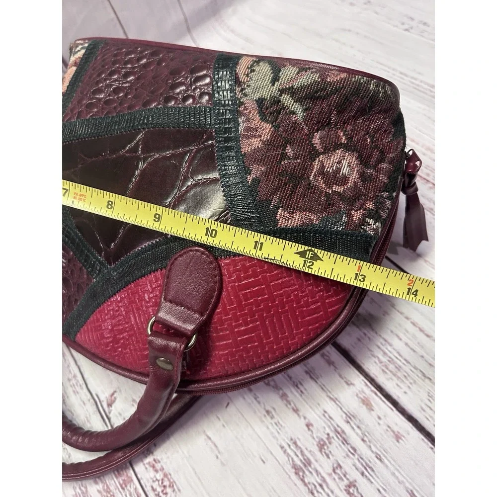 Vintage Style Burgundy Patchwork Satchel Floral Tapestry Croc Embossed Dome Bag